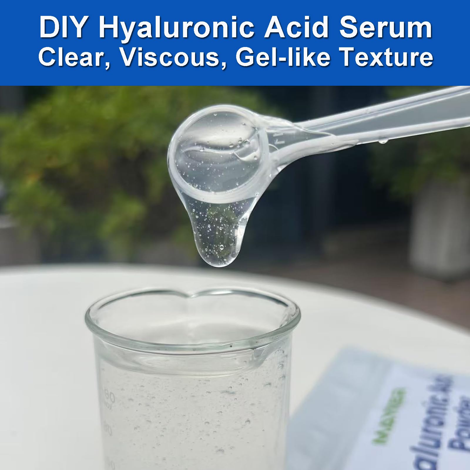 MAYKER Pure Hyaluronic Acid Serum texture shown on skin with clear hydration