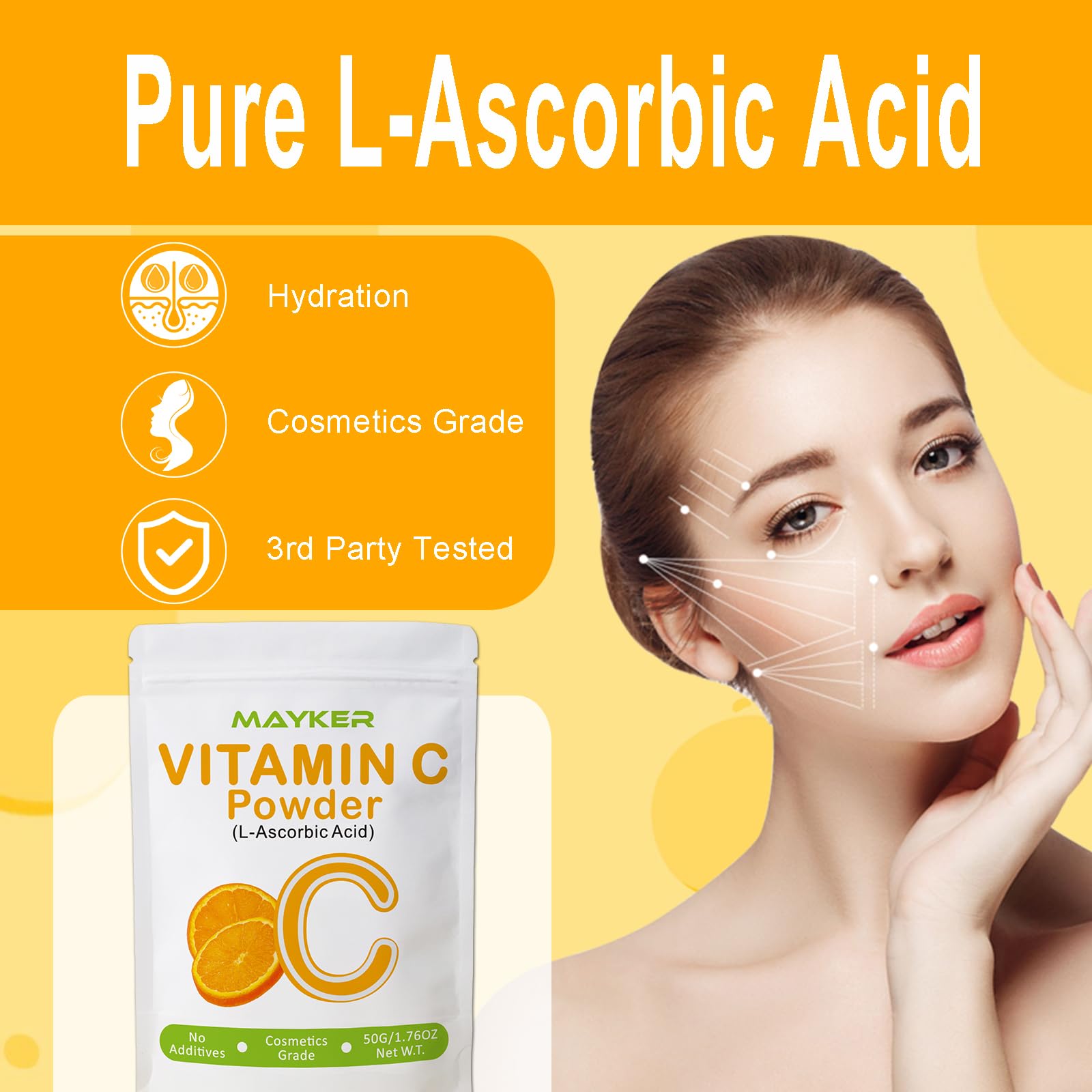 MAYKER Vitamin C powder dissolving in a water-based serum; fast-absorbing antioxidant boost.