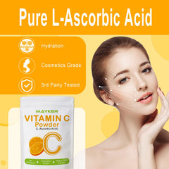 MAYKER Vitamin C powder dissolving in a water-based serum; fast-absorbing antioxidant boost.