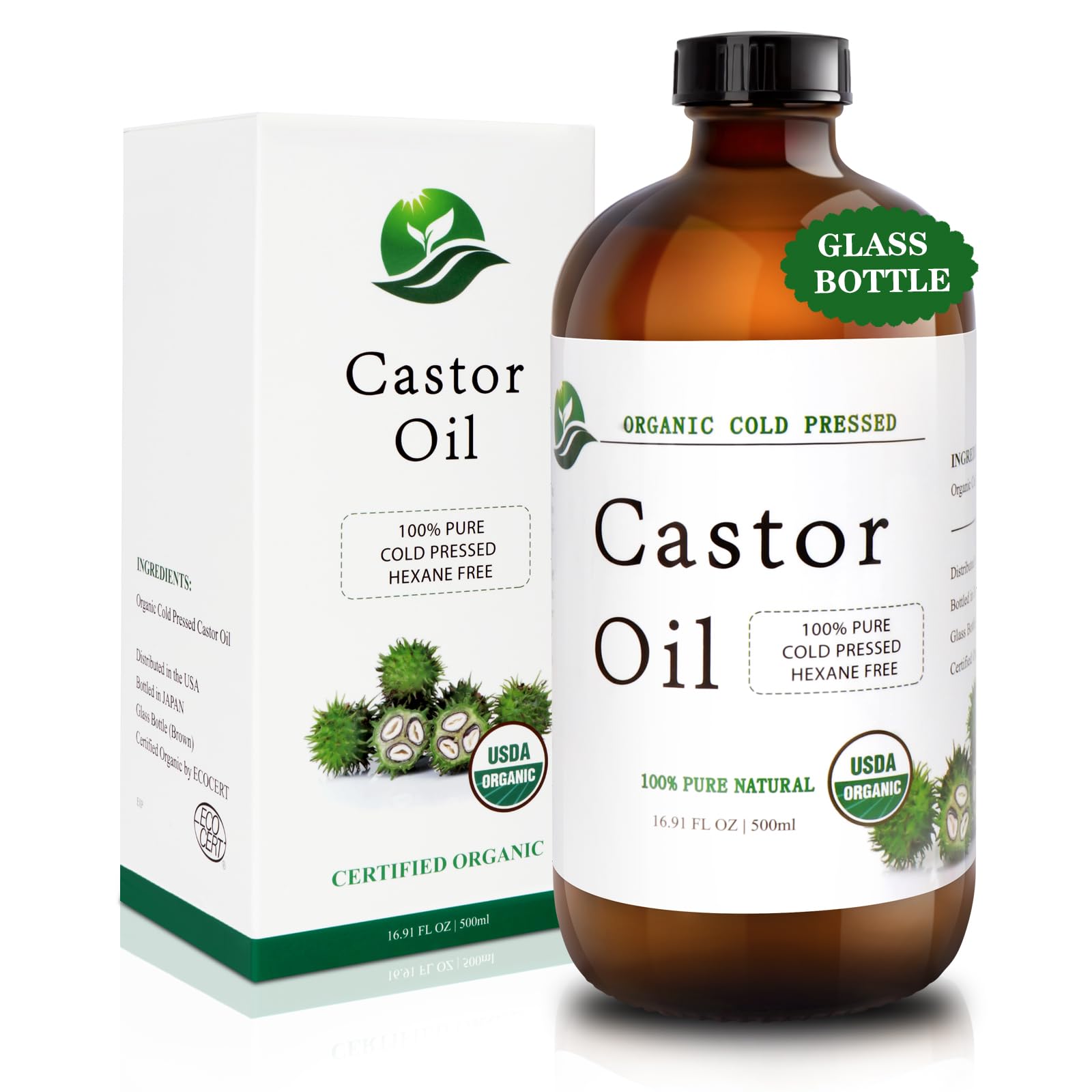 MAYLINK Castor Oil organic cold pressed glass bottle front view for skin and hair care