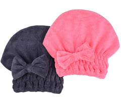 MAYOUTH microfiber hair drying towel cap with bow-knot on head for fast water absorption.