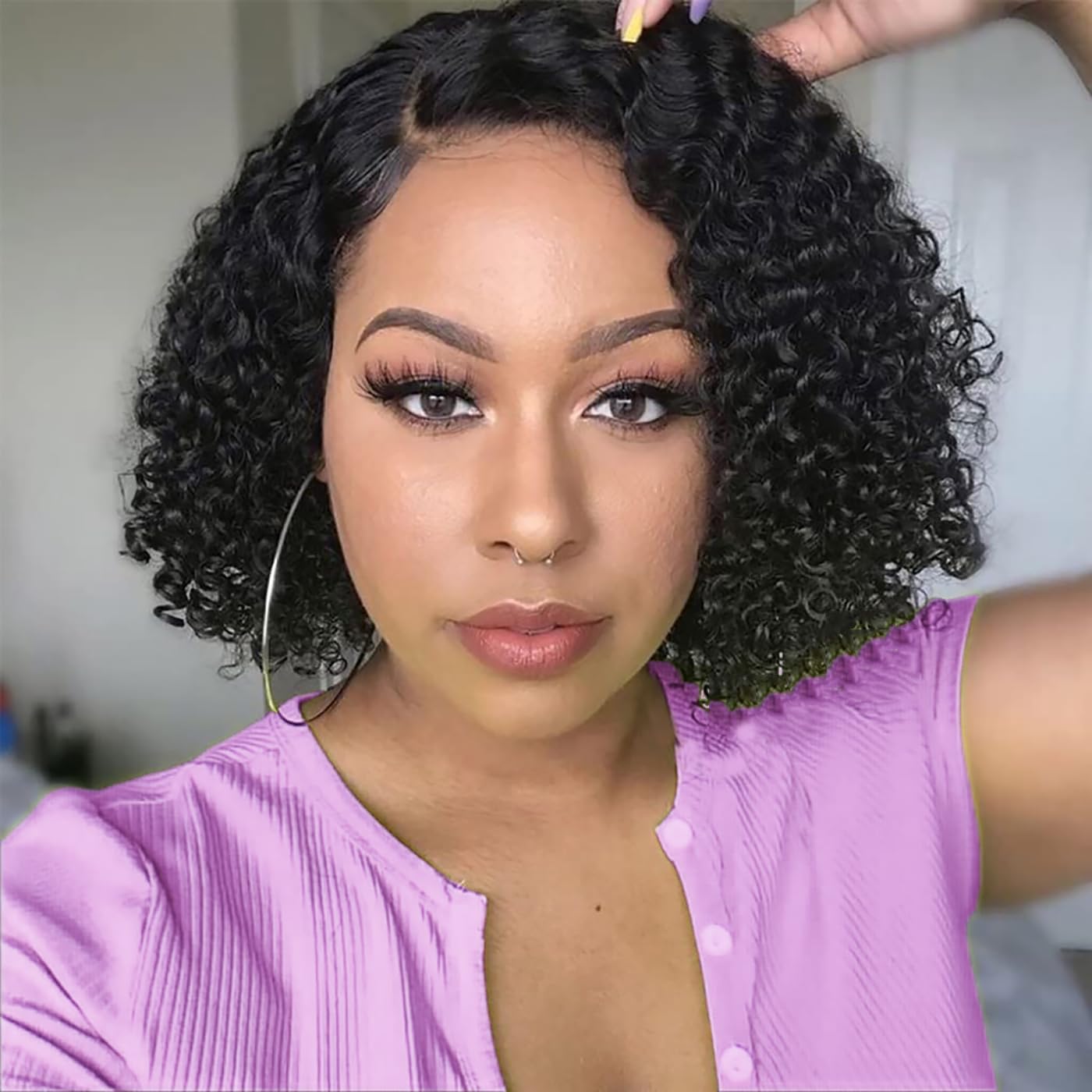 Maytune Wear and Go wig closeup shows deep-wave bob texture for easy, ready-to-wear styling.