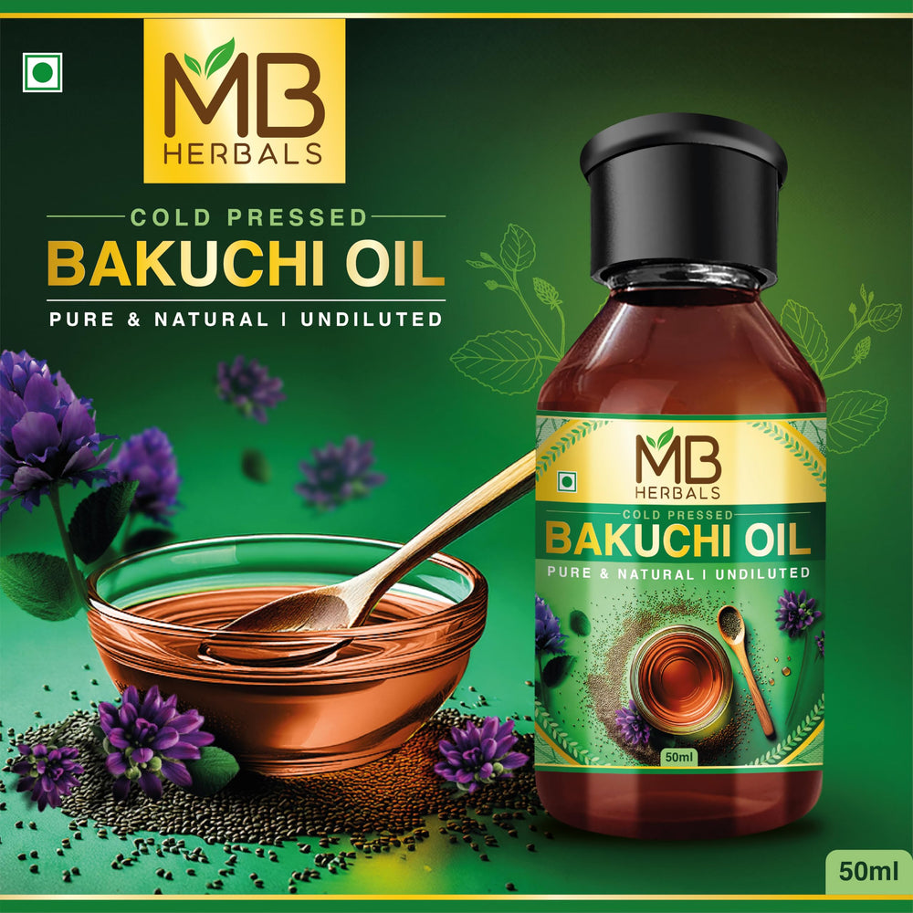 MB Herbals Bakuchi oil in amber bottle emphasizes traditional cold-press method for potency.