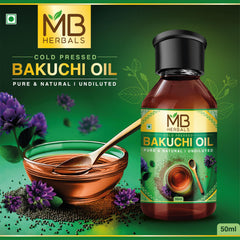 MB Herbals Bakuchi oil in amber bottle emphasizes traditional cold-press method for potency.