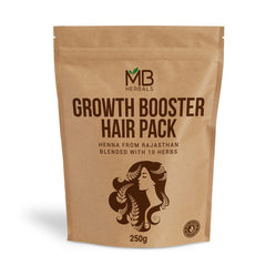 MB Herbals Growth Booster Hair Pack powder being mixed in bowl for nourishing hair care prep.