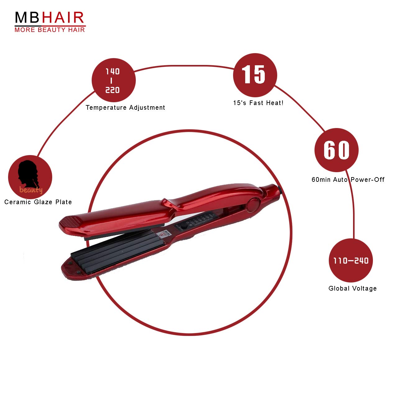 MBHAIR Ceramic Crimper Iron control panel shows precise heat settings for versatile looks