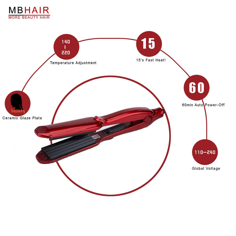 MBHAIR Ceramic Crimper Iron control panel shows precise heat settings for versatile looks