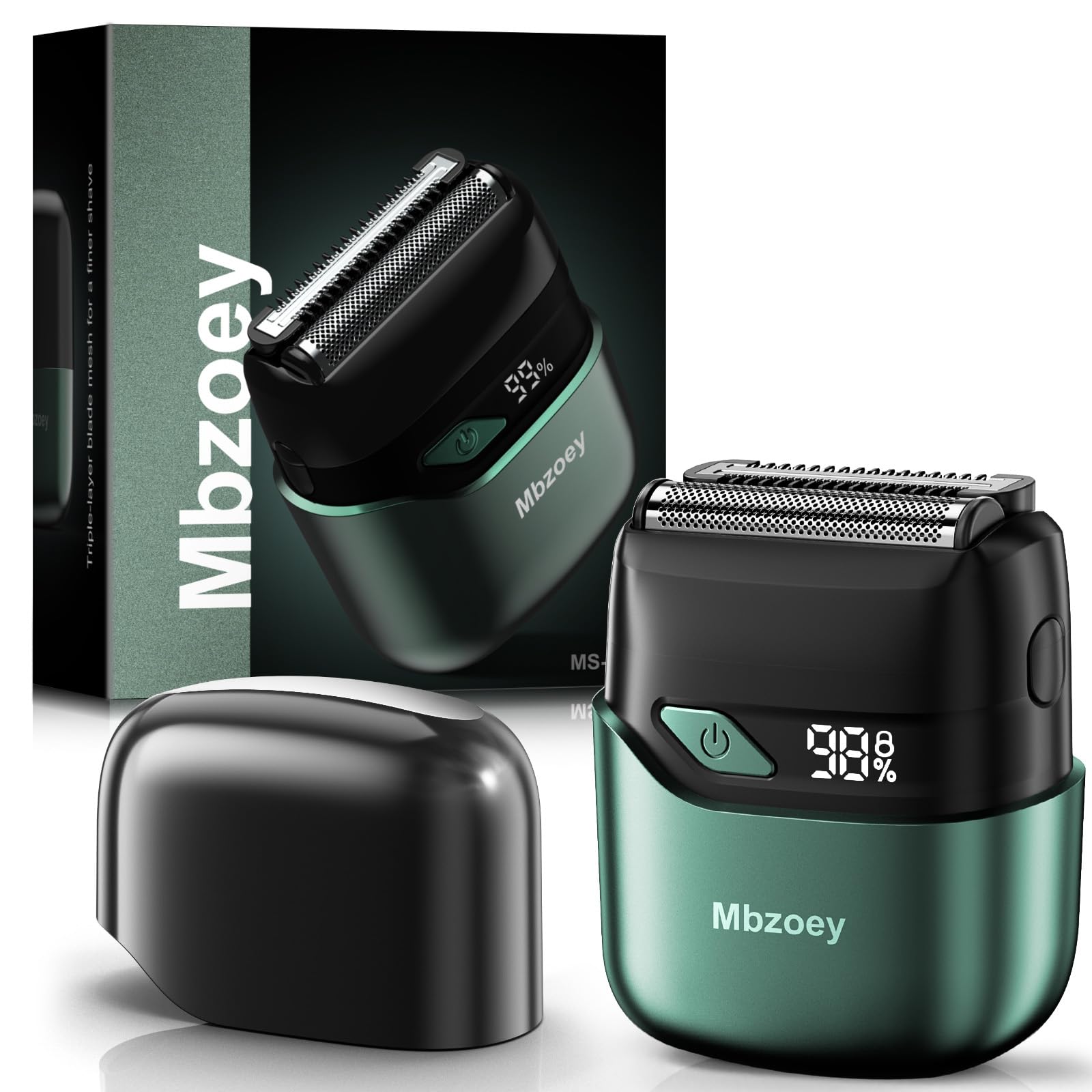Mbzoey emerald-green electric foil shaver close-up showing precision blades for irritation-free shave