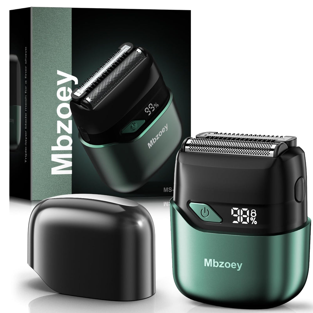 Mbzoey emerald-green electric foil shaver close-up showing precision blades for irritation-free shave