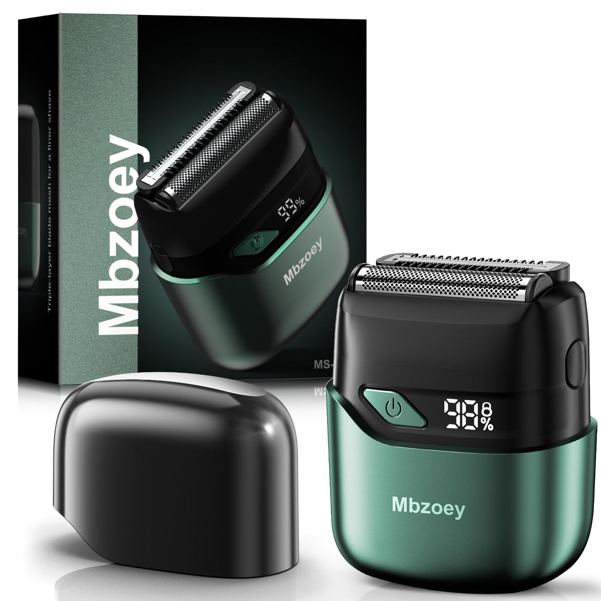 Mbzoey emerald-green electric foil shaver close-up showing precision blades for irritation-free shave