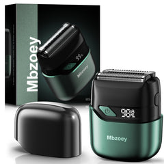 Mbzoey emerald-green electric foil shaver close-up showing precision blades for irritation-free shave