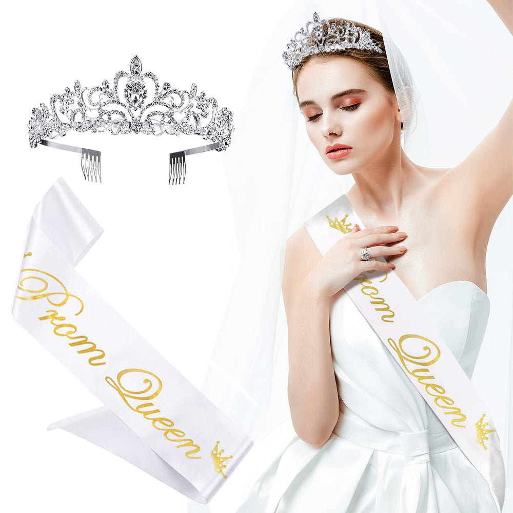 M&C Music Color Prom Queen sash showcases a shimmering crown-friendly look for celebrations.