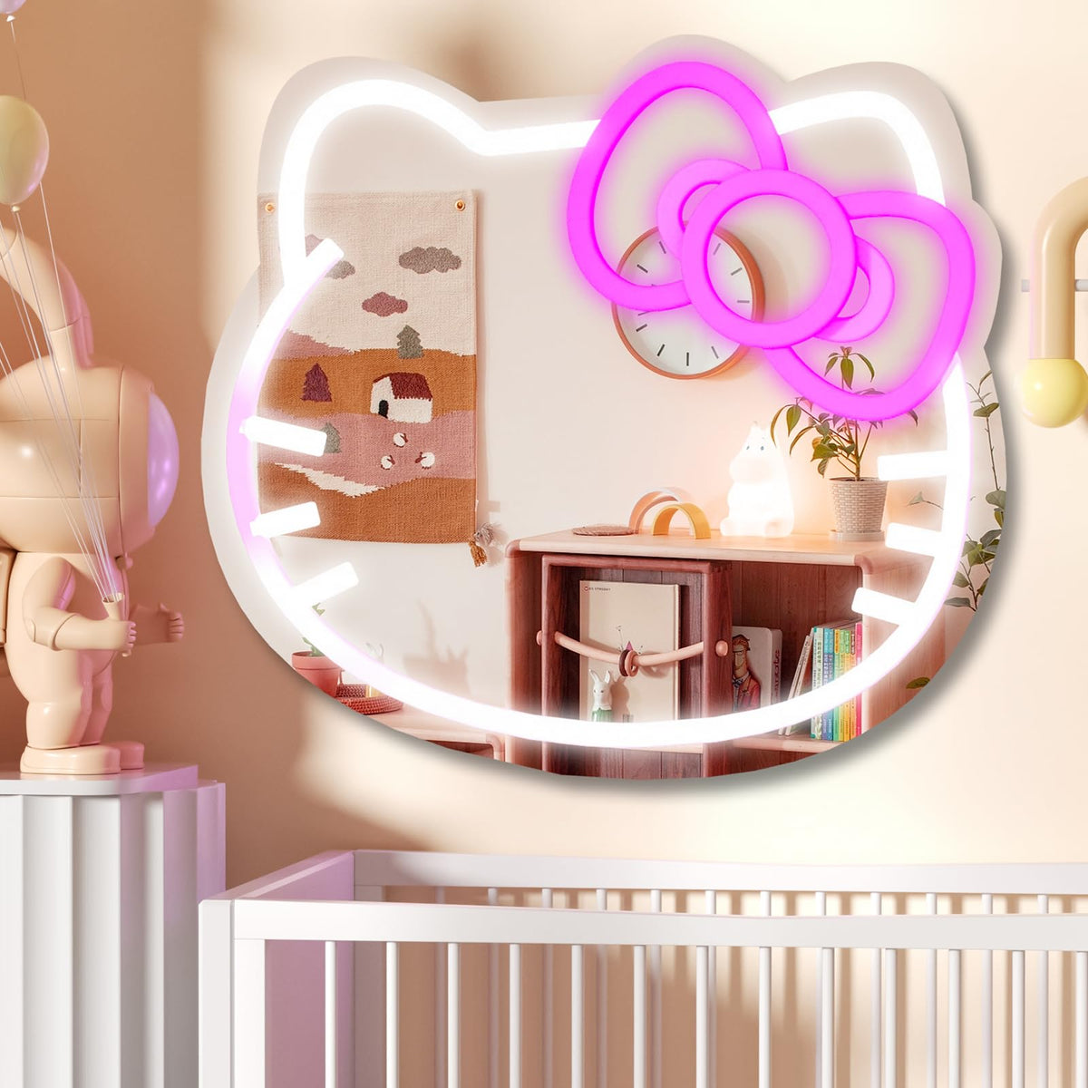 MCJSGSP anime Hello Kit Cat neon mirror with hanging chain for easy wall display.