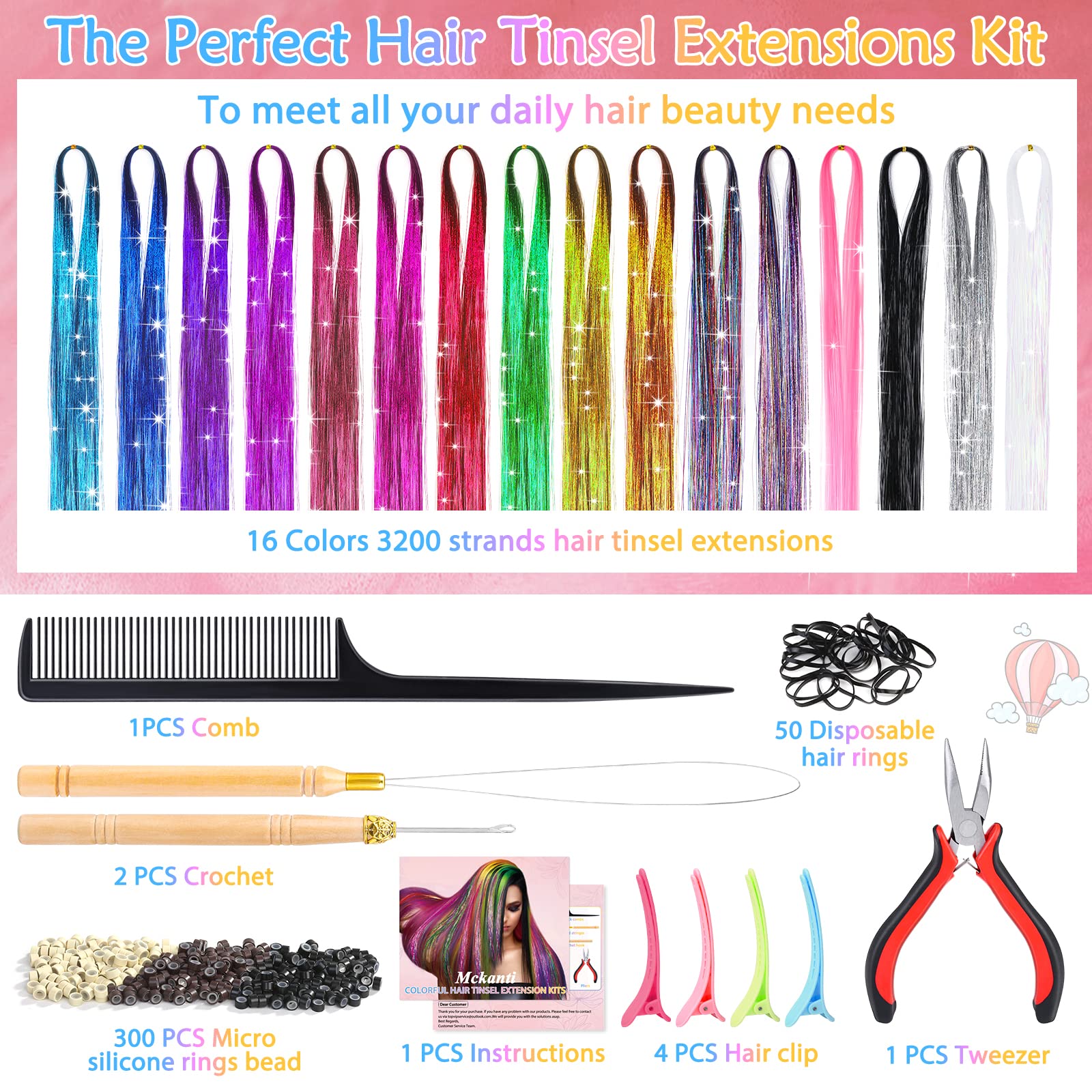 Mckanti hair tinsel color swatches closeup for easy color selection.