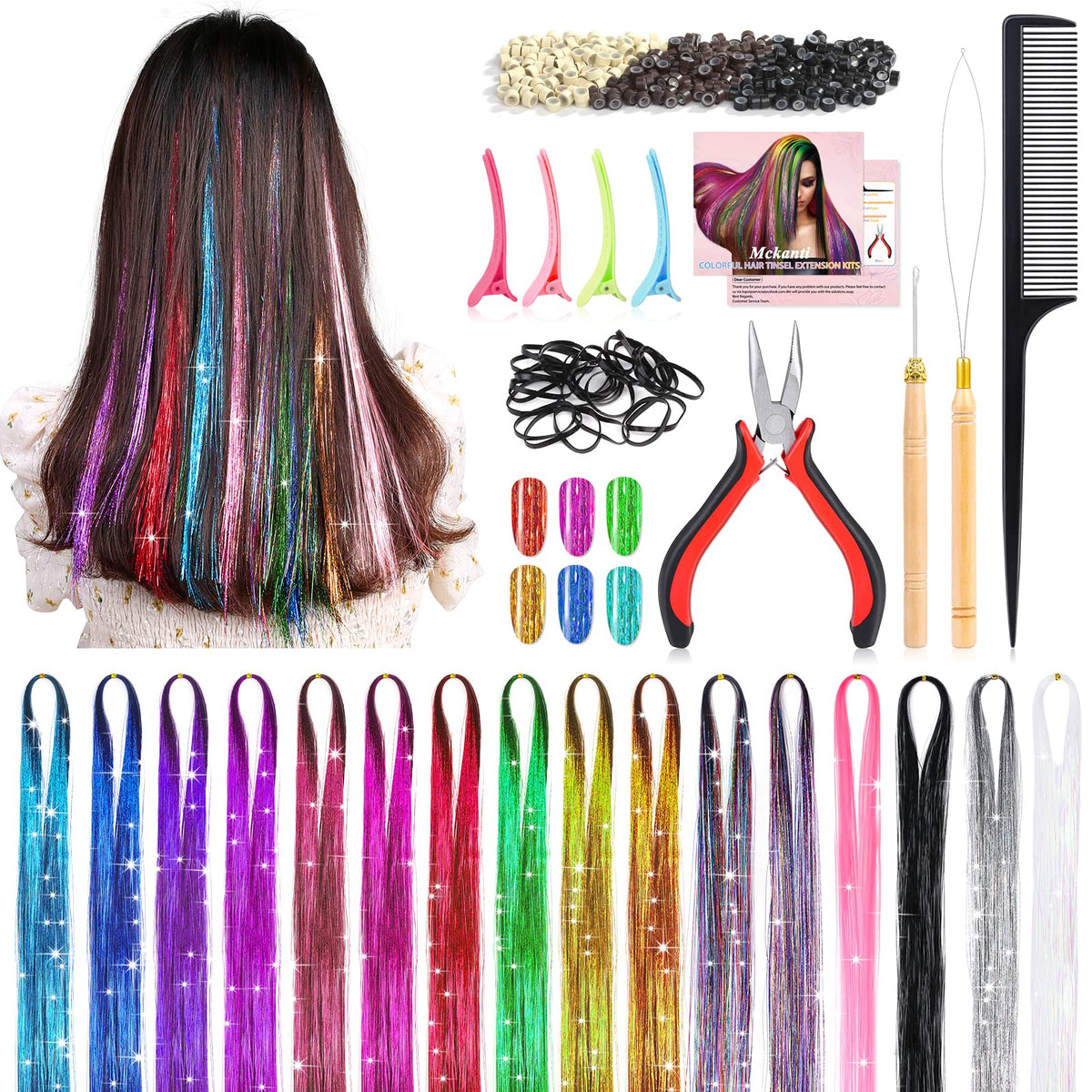 Mckanti hair tinsel kit with 16 colors for quick styling options.