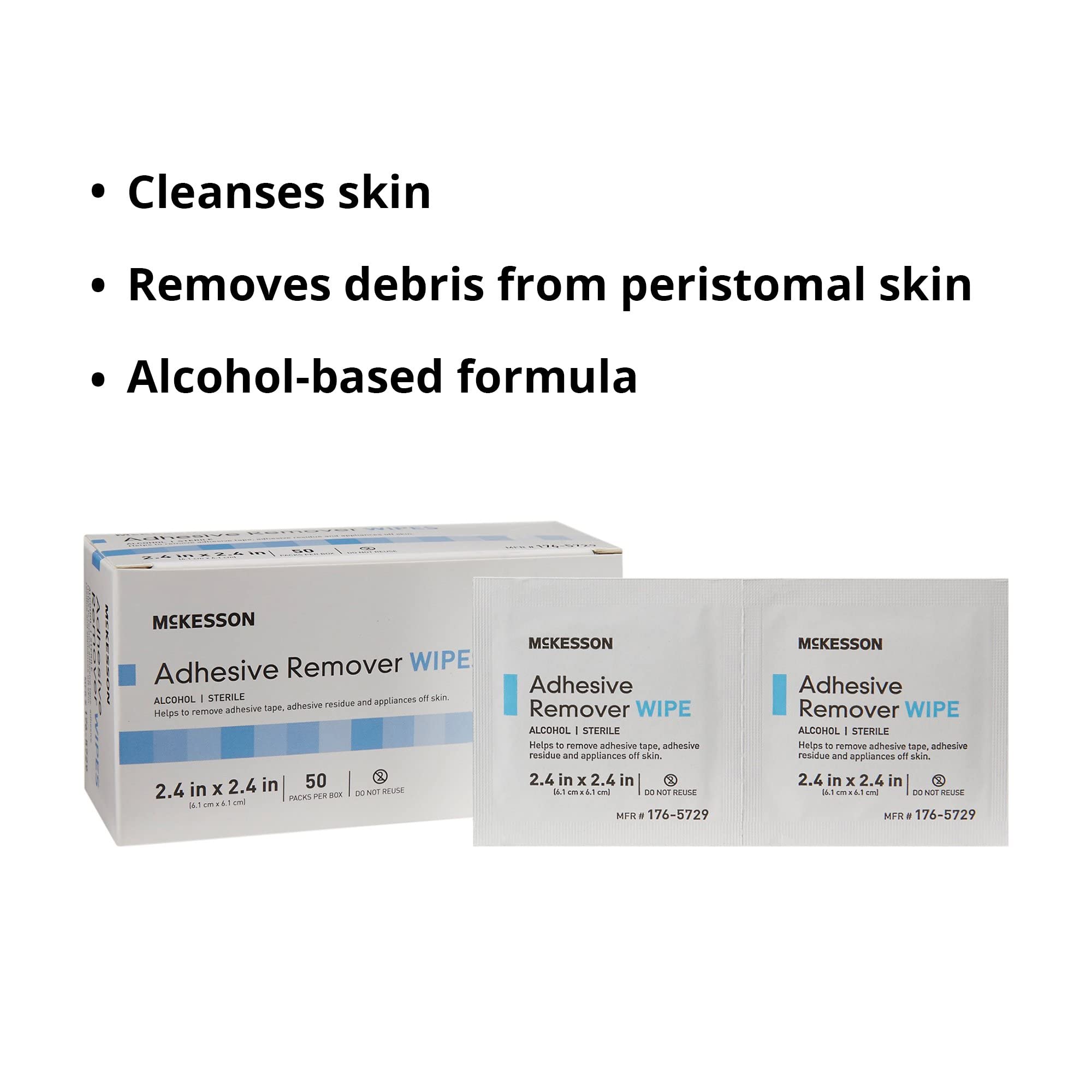Packaged McKesson sterile adhesive remover wipes emphasize single-use safety