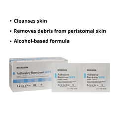 Packaged McKesson sterile adhesive remover wipes emphasize single-use safety