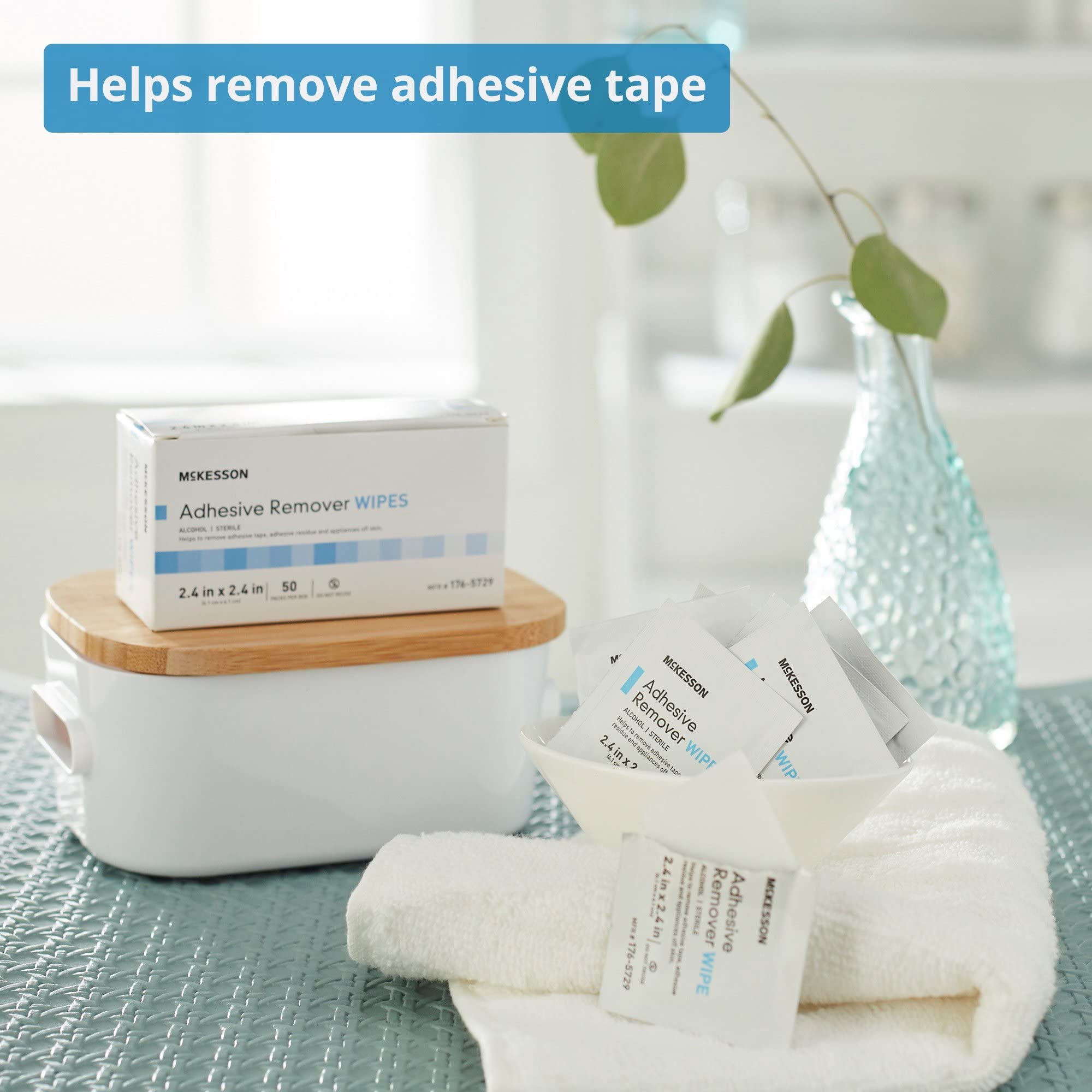 Closeup of McKesson sterile adhesive remover wipe texture for gentle cleaning