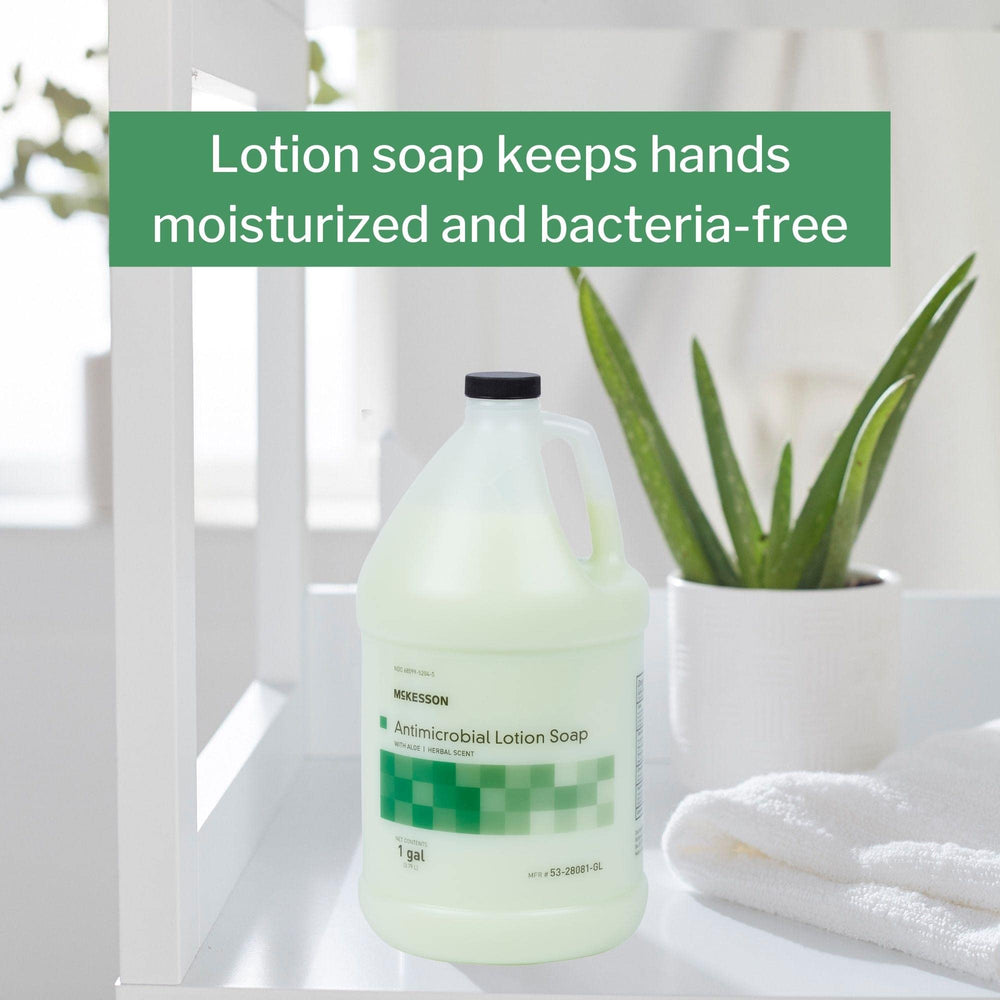 McKesson herbal scent soap being poured into a dispenser enables quick, controlled handwashing.