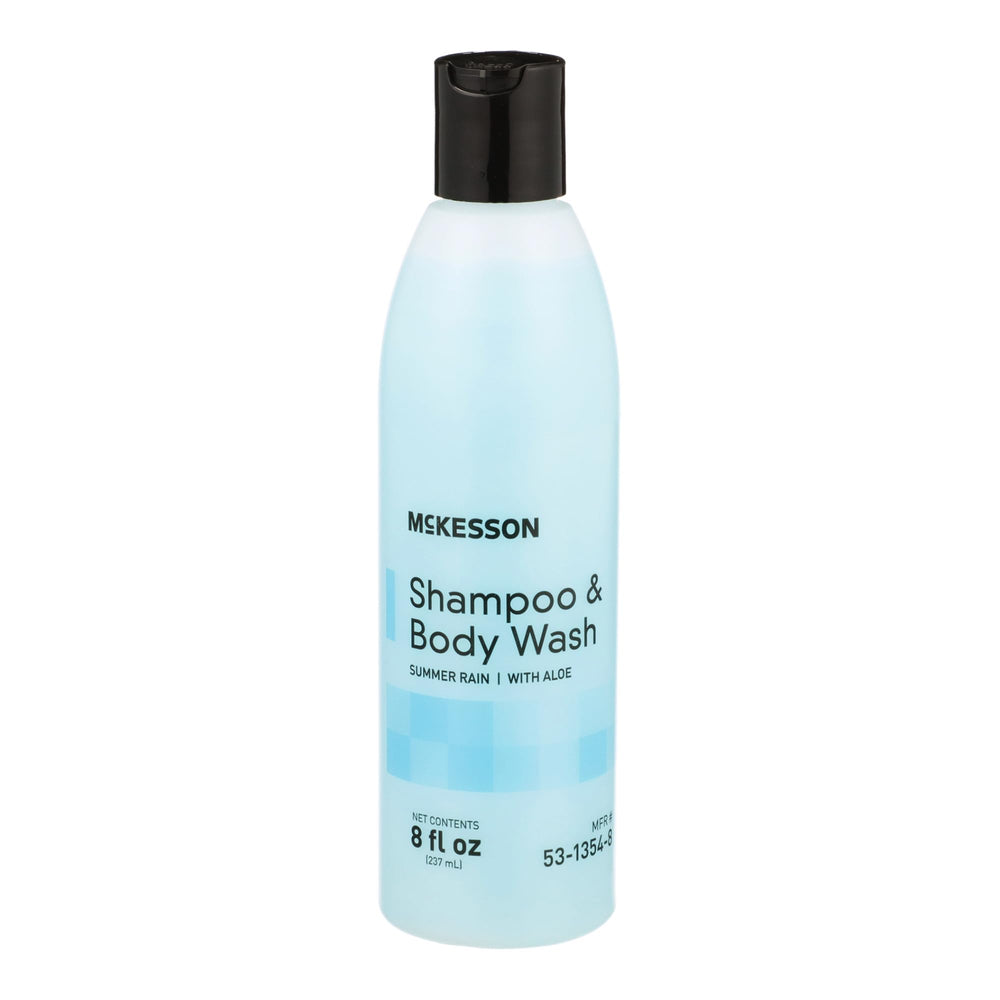 McKesson body wash and shampoo bottle with aloe and Summer Rain for daily cleansing.