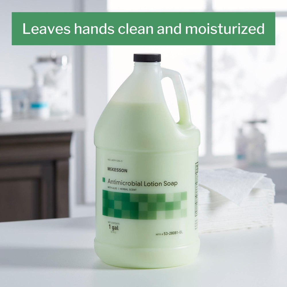 McKesson label close-up highlights antimicrobial lotion and aloe for skin moisture.