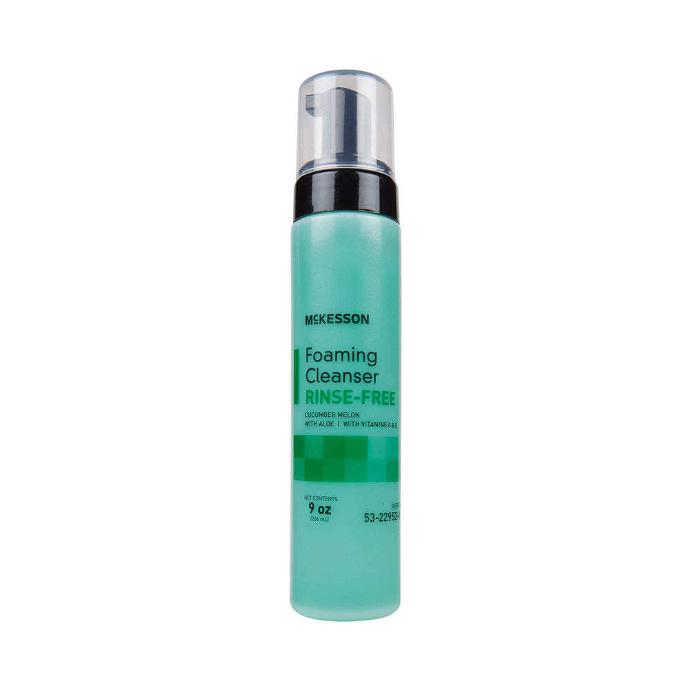 McKesson rinse-free foam cleanser bottle demonstrates waterless cleansing convenience for daily skin care.