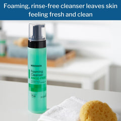 McKesson rinse-free foam cleanser foam-lather illustrates quick cleansing without water.
