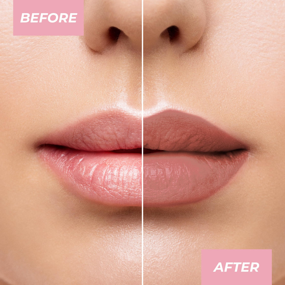 MCoBeauty Crème Matte Luxe Lipstick Nude Pink swatch demonstrates versatile daytime look.