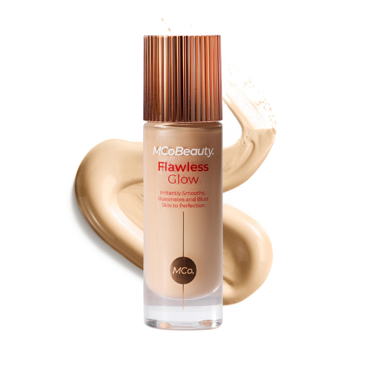 MCoBeauty Flawless Glow 2 Fair packaging highlights 4 in 1 formula for radiant skin prep