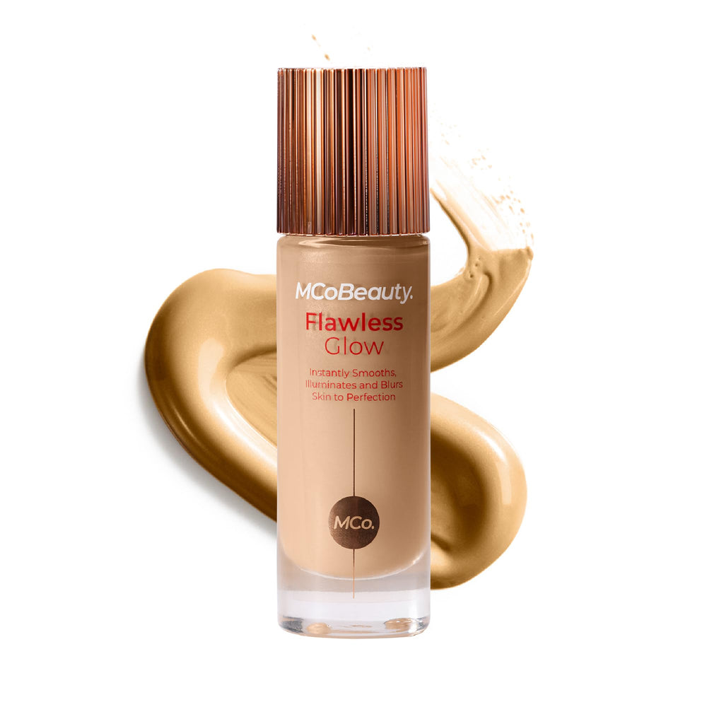 MCoBeauty Flawless Glow bottle-pump demonstrating radiant base for dewy finish