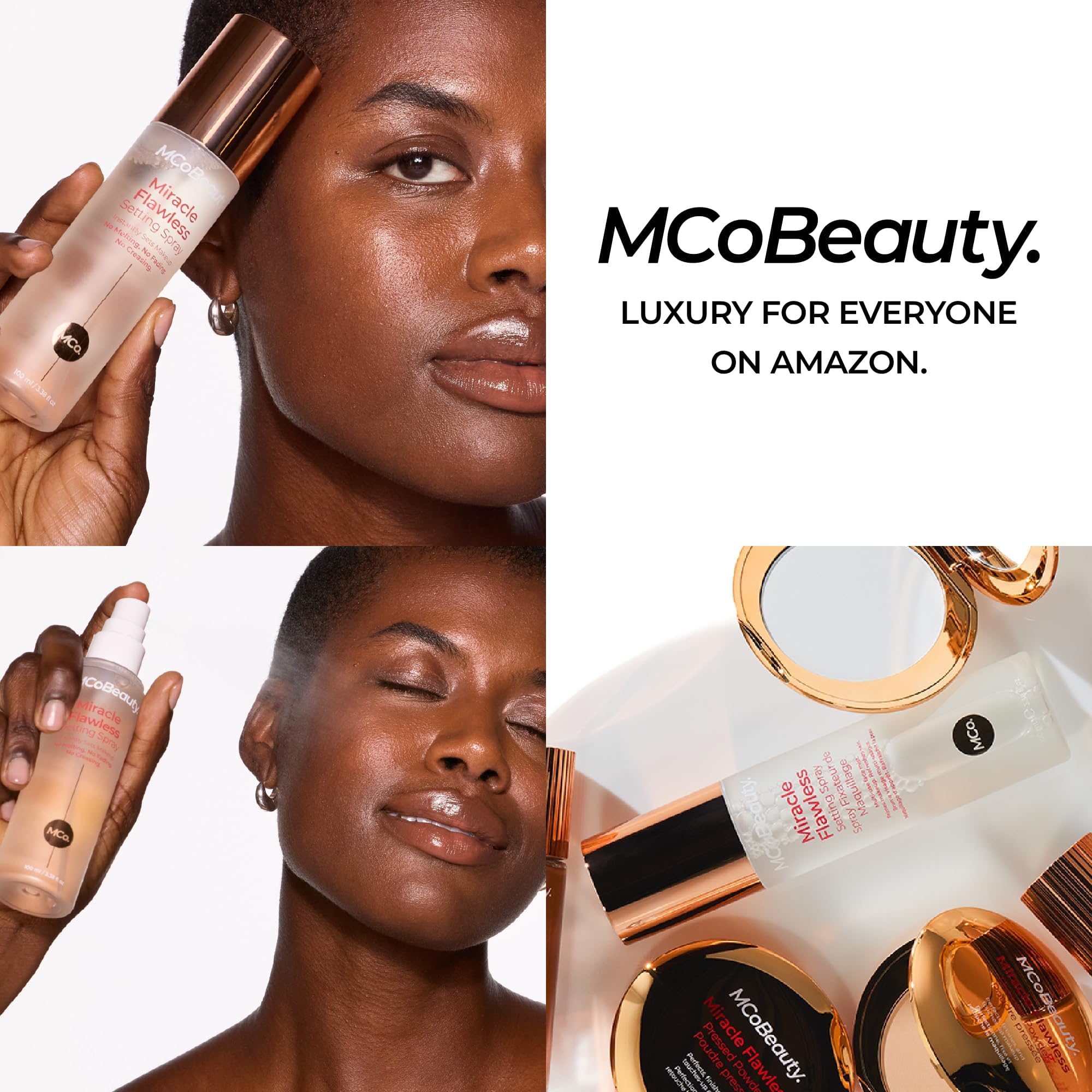 MCoBeauty before and after comparison showing set makeup and dewy finish benefit: longer-lasting look