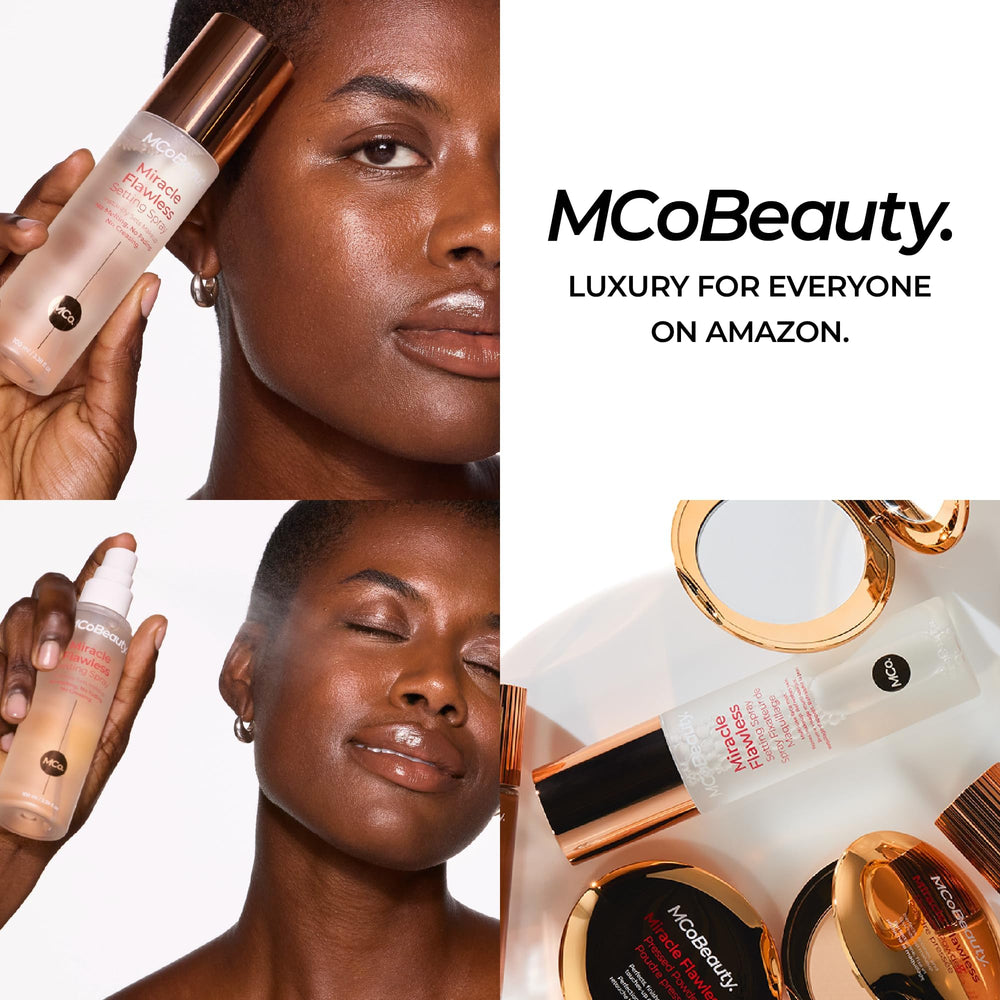 MCoBeauty before and after comparison showing set makeup and dewy finish benefit: longer-lasting look