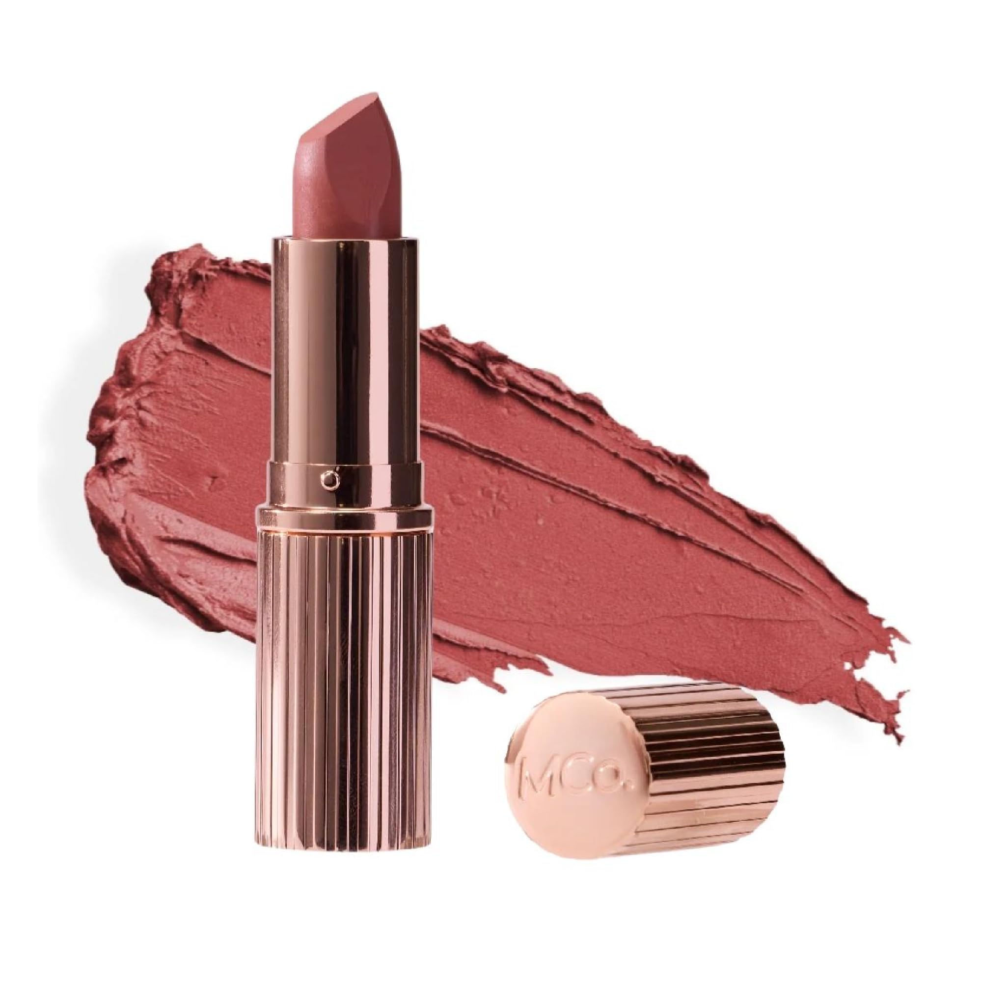 Labial MCoBeauty Cheeky Chat nude rosa con acabado mate suave, ideal para diario.