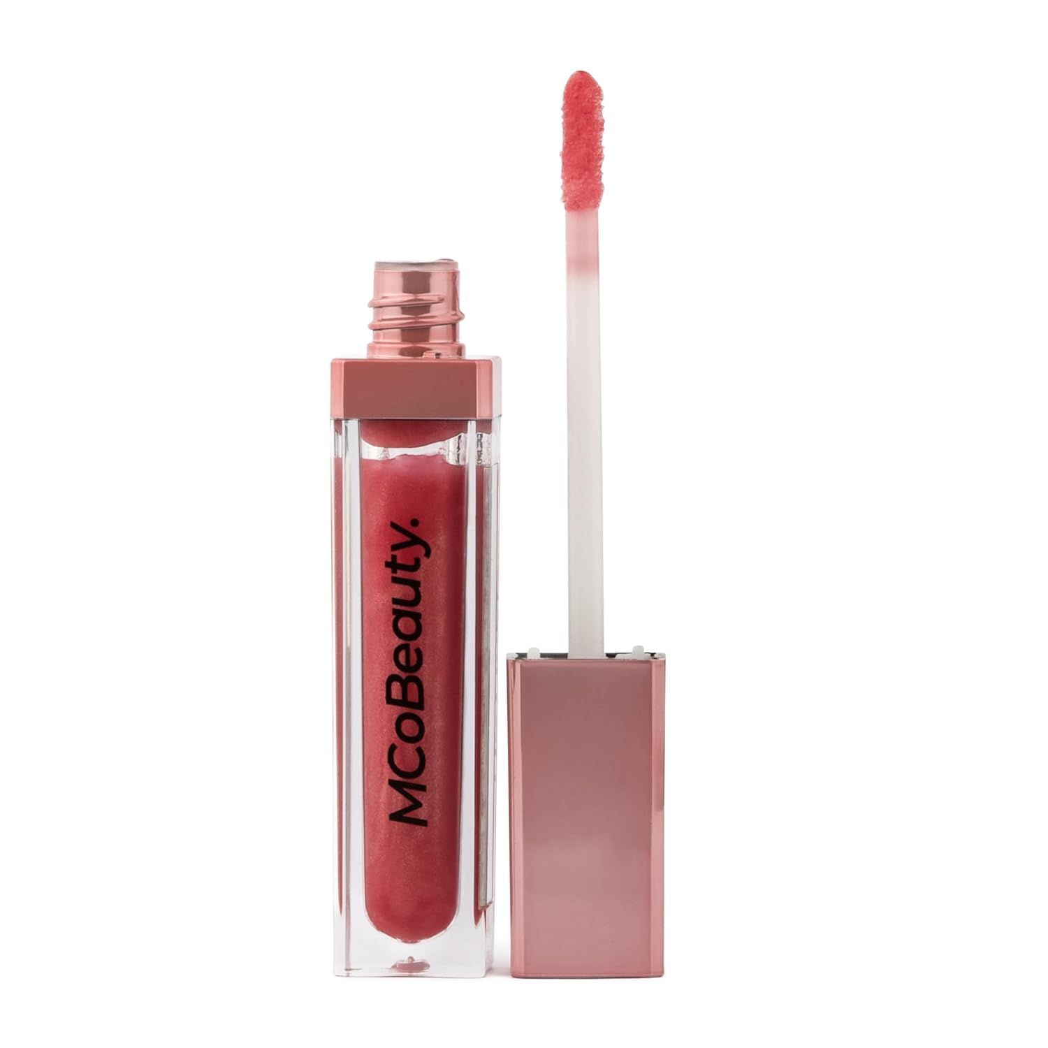 MCoBeauty Lip Lights Shine Gloss Berry Pink bottle glowing for on-the-go touch-ups with LED illumination.
