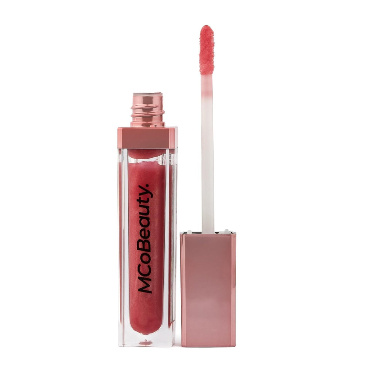 MCoBeauty Lip Lights Shine Gloss Berry Pink bottle glowing for on-the-go touch-ups with LED illumination.