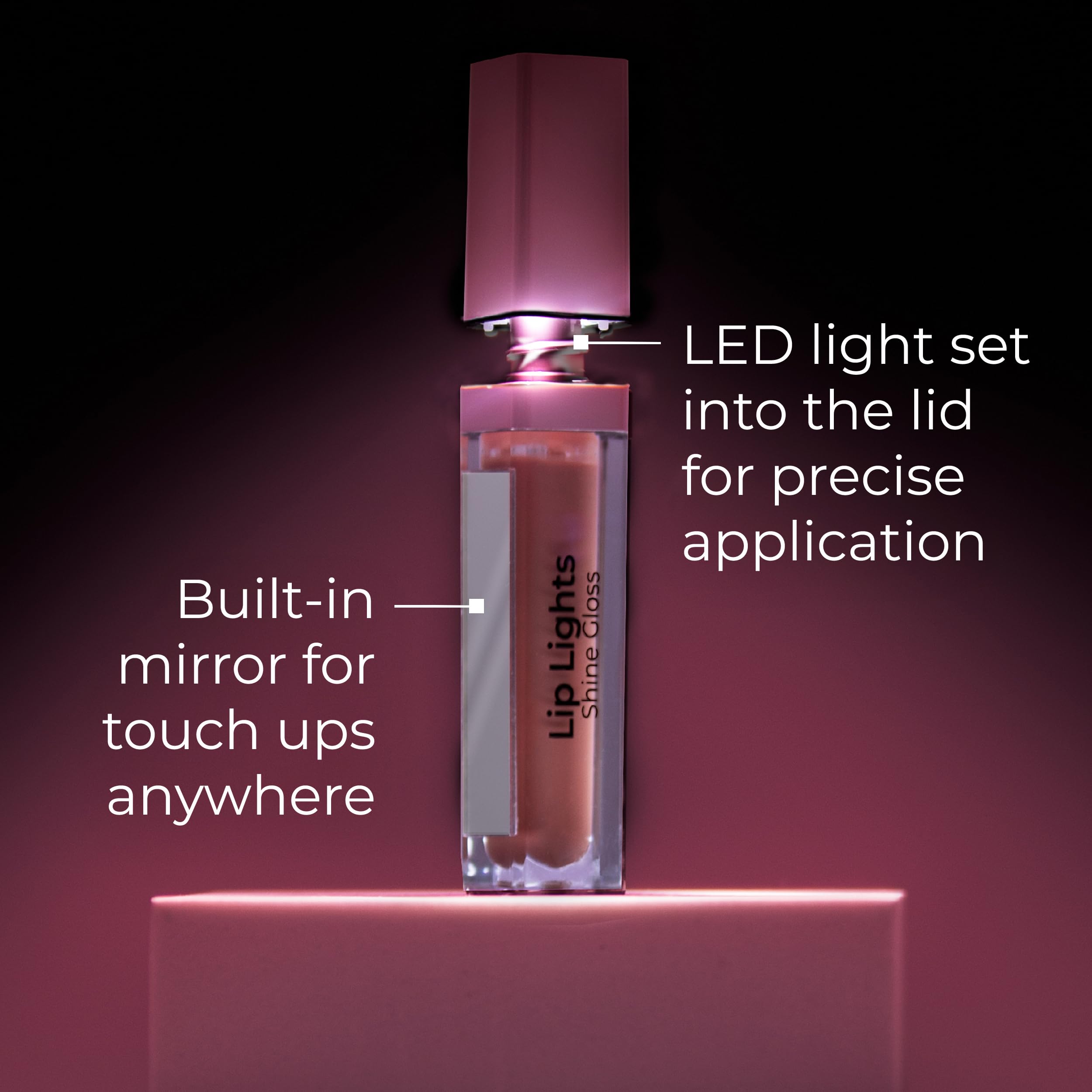 MCoBeauty Lip Lights Shine Gloss glass-like finish creates a polished lip look.