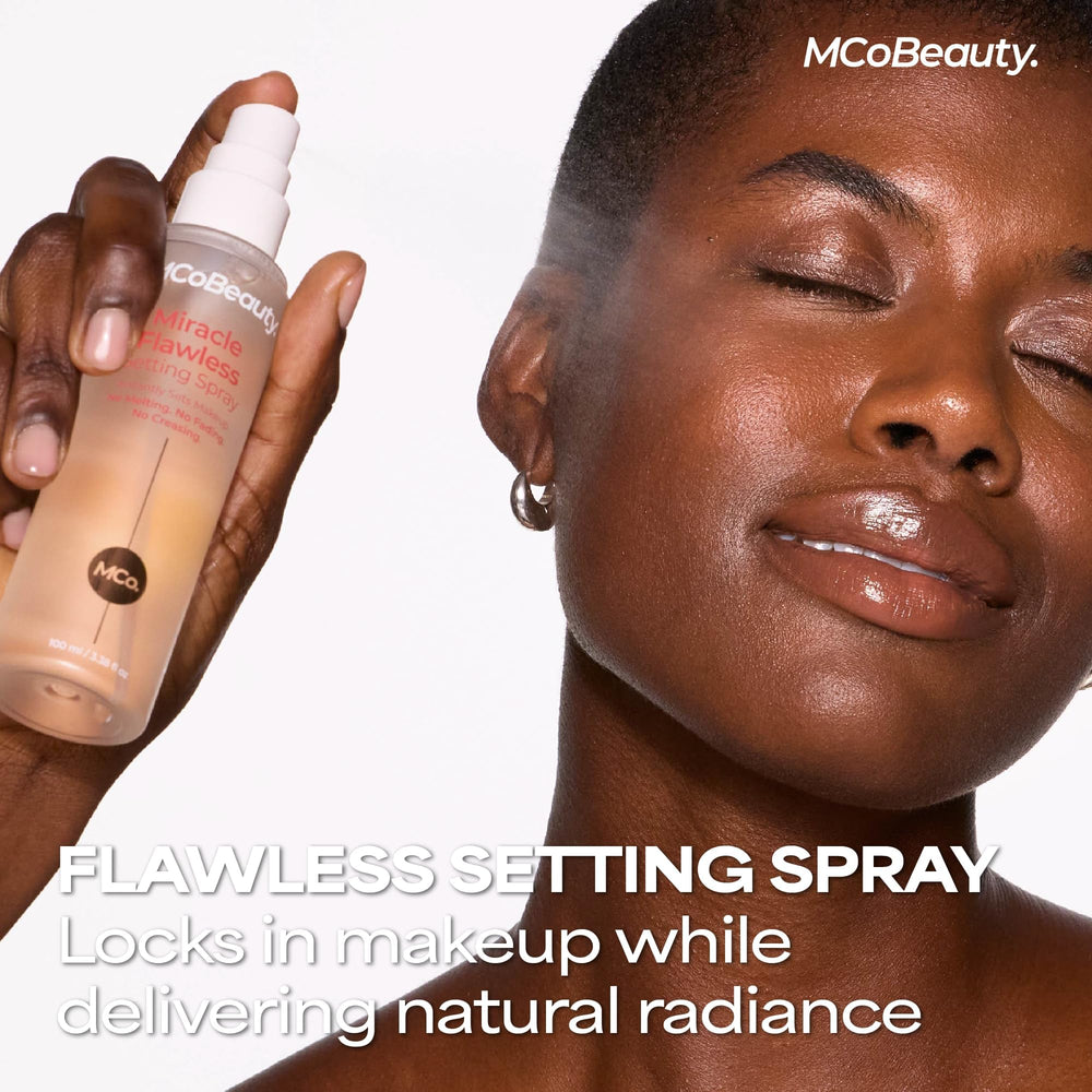 MCoBeauty atomizer close-up demonstrating fine mist for even application benefit: uniform coverage