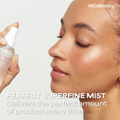 MCoBeauty spray in use on model refreshing makeup and adding radiant glow benefit: revived complexion