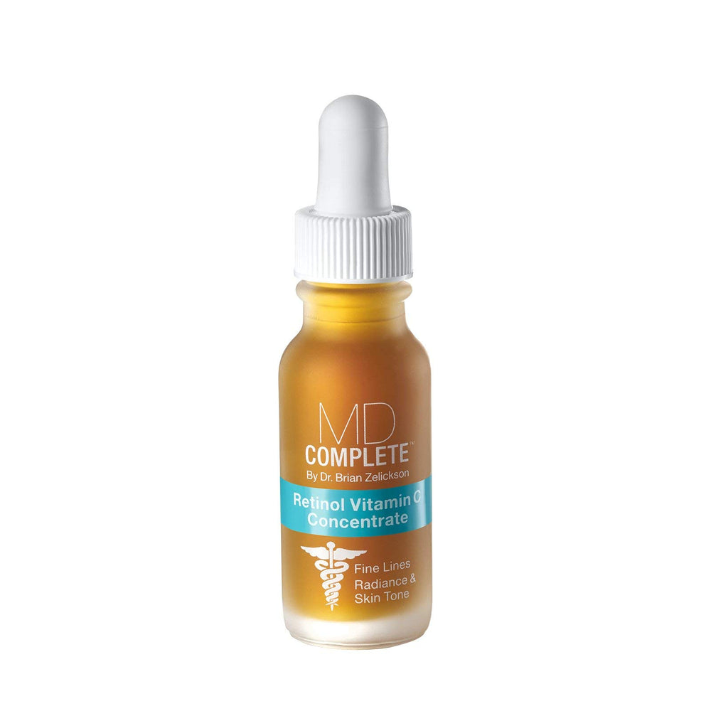 MD Complete Retinol Vitamin C Serum bottle closeup shows premium packaging for effective application.