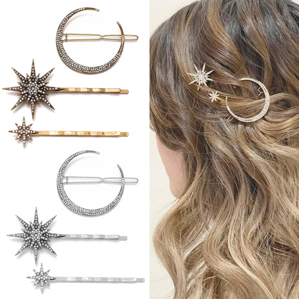 mdgfge star moon hair clip gold closeup showing crystal sparkle for elegant evening