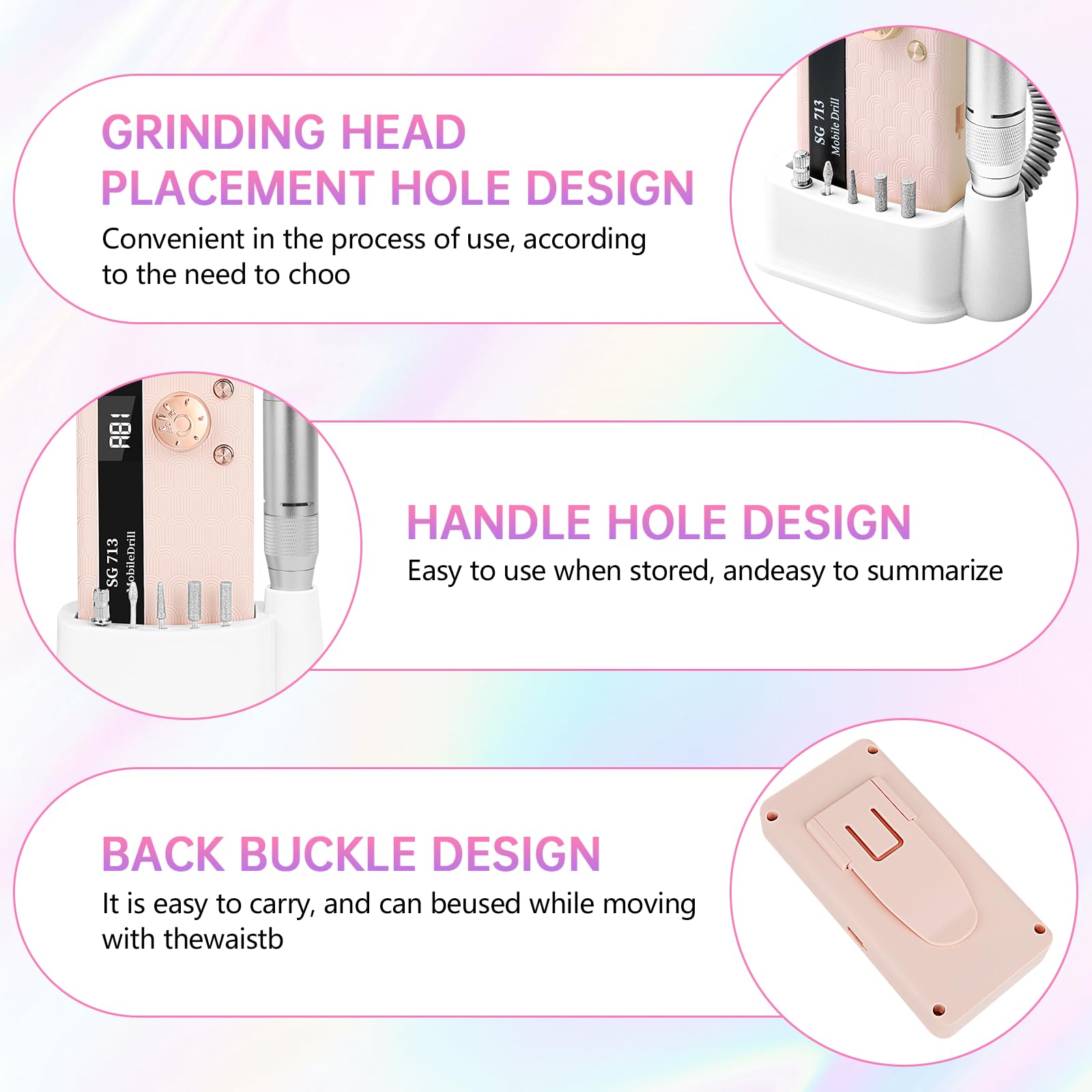 MDK electric nail drill belt clip enables hands-free use during travel