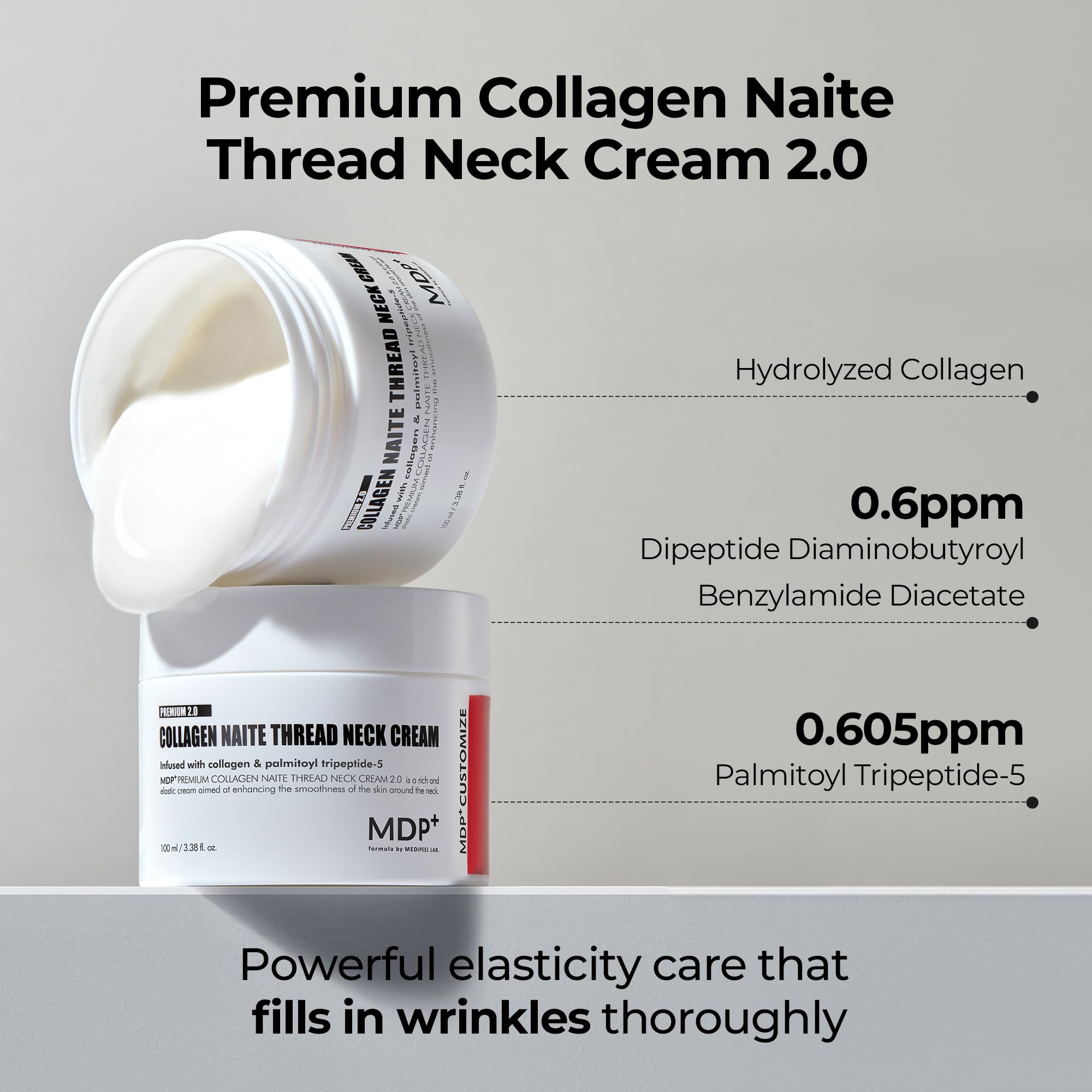 MDP Premium Collagen Naite Thread Neck Cream product shot emphasizing hydrating ceramides.