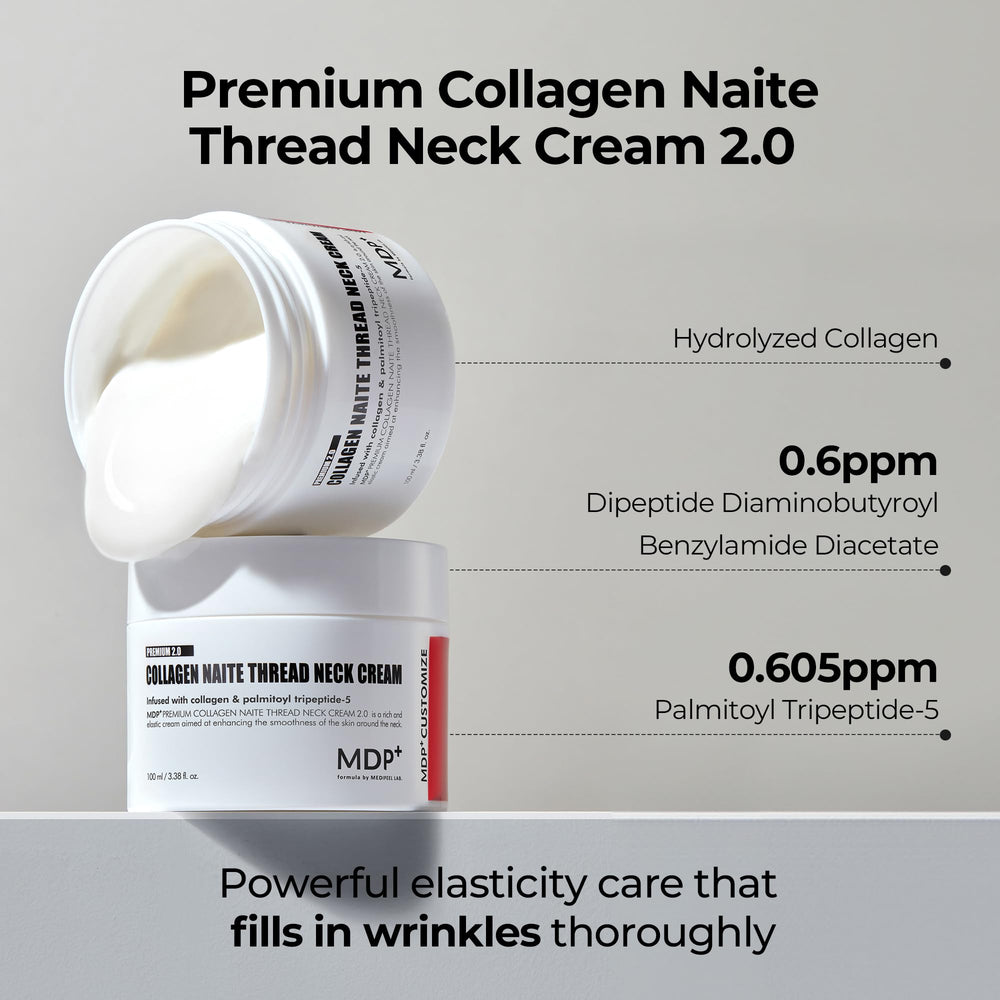 MDP Premium Collagen Naite Thread Neck Cream product shot emphasizing hydrating ceramides.