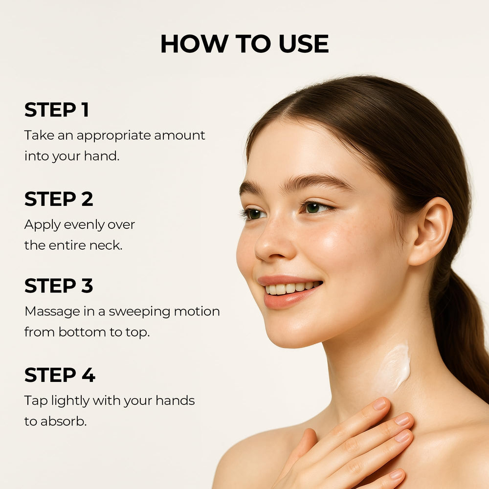 MDP neck cream application shows silky finish and lifting feel along the jawline.