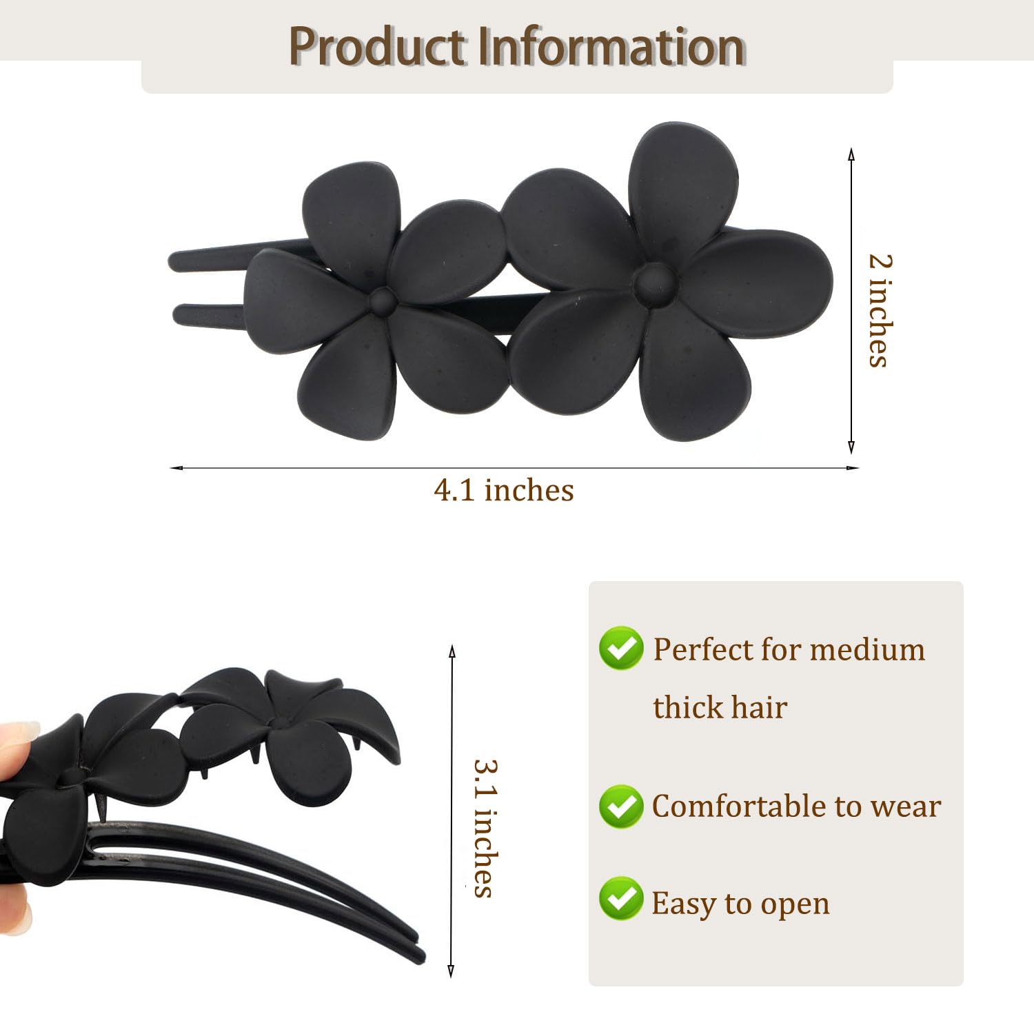 Mdscve flower flat hair clip black matte closeup highlights lightweight comfort.