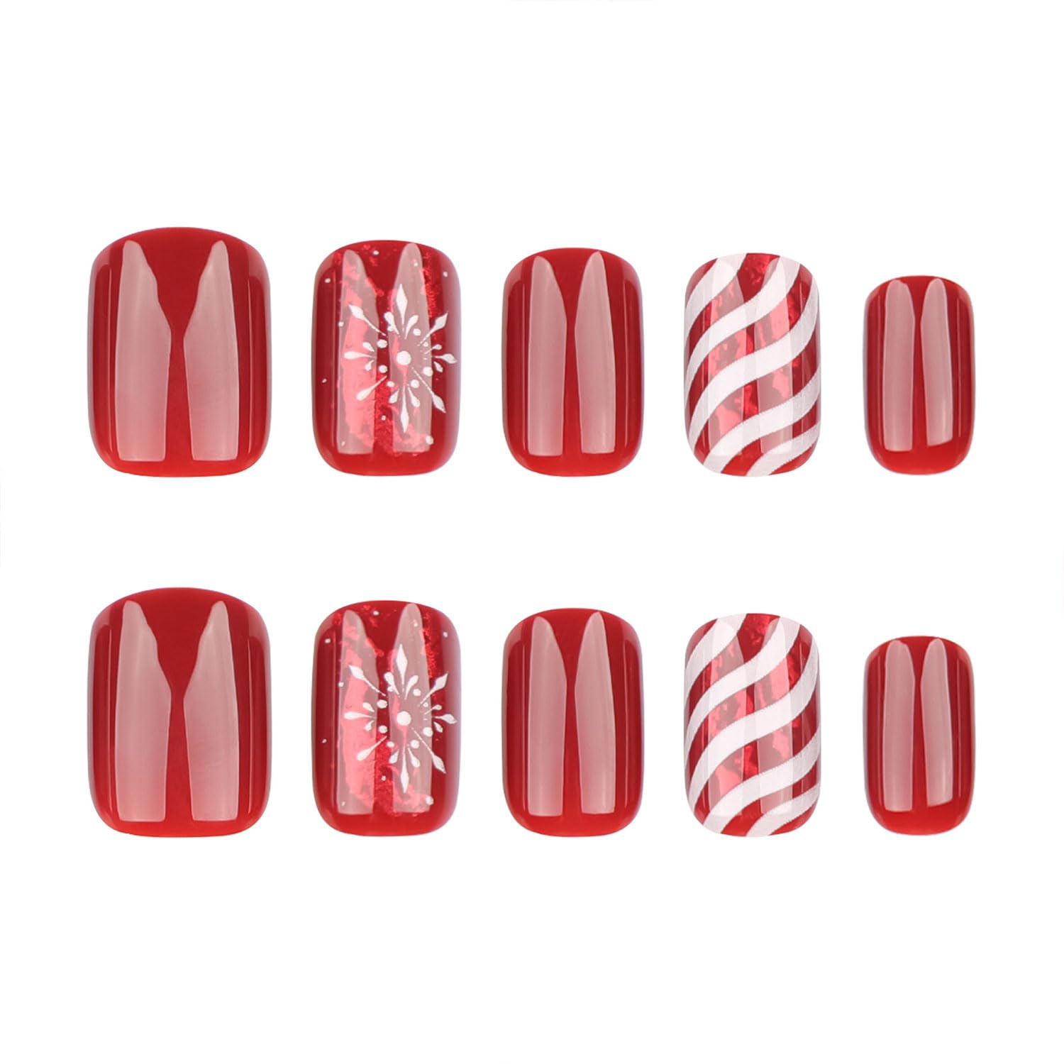 Mdscve glossy finish on red nails highlights vibrant color and snowflakes