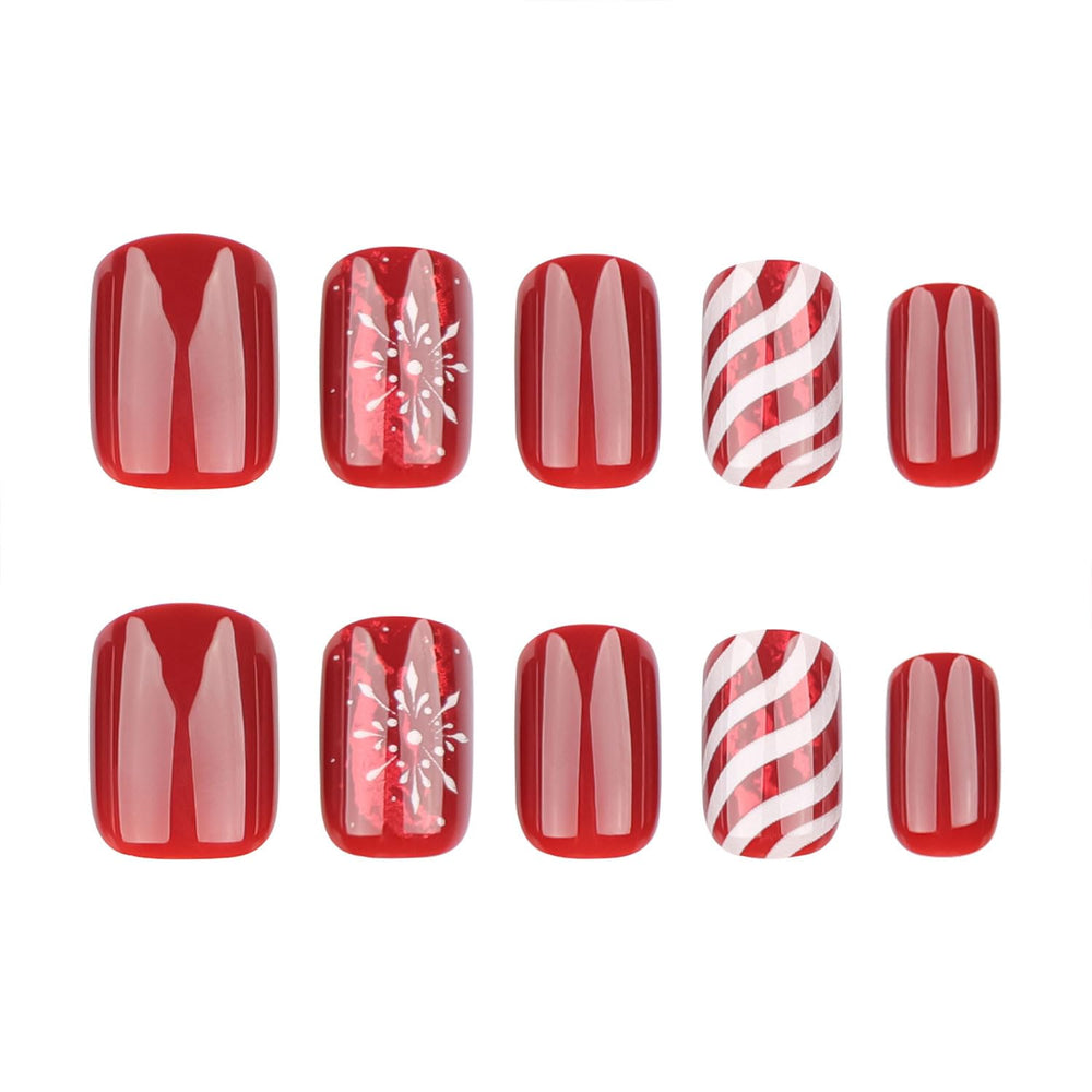 Mdscve glossy finish on red nails highlights vibrant color and snowflakes