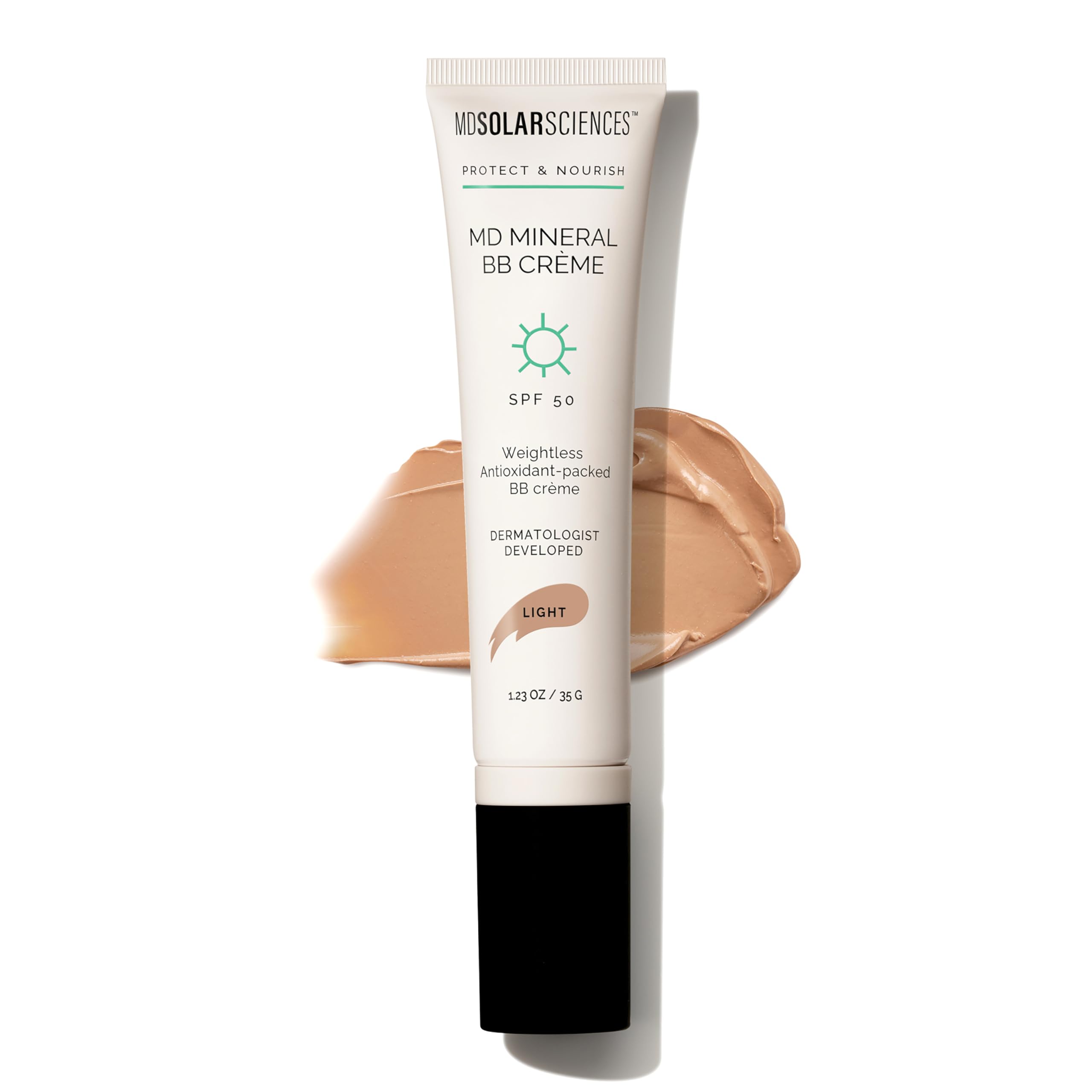 MDSolarSciences Mineral BB Crème SPF 50 light bottle showing sleek packaging and sheer protection