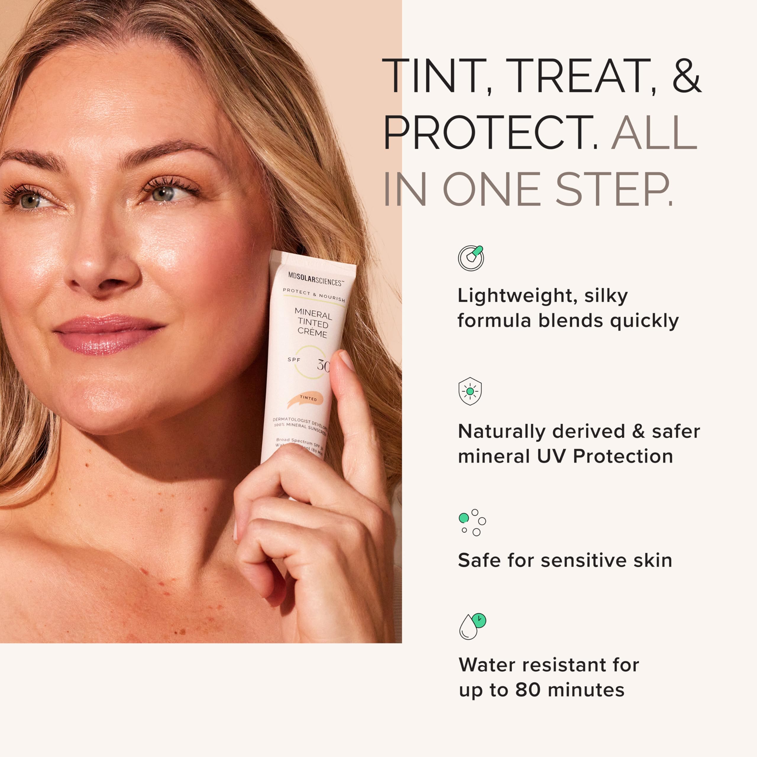 MDSolarSciences sunscreen application on skin blends into a natural matte finish.