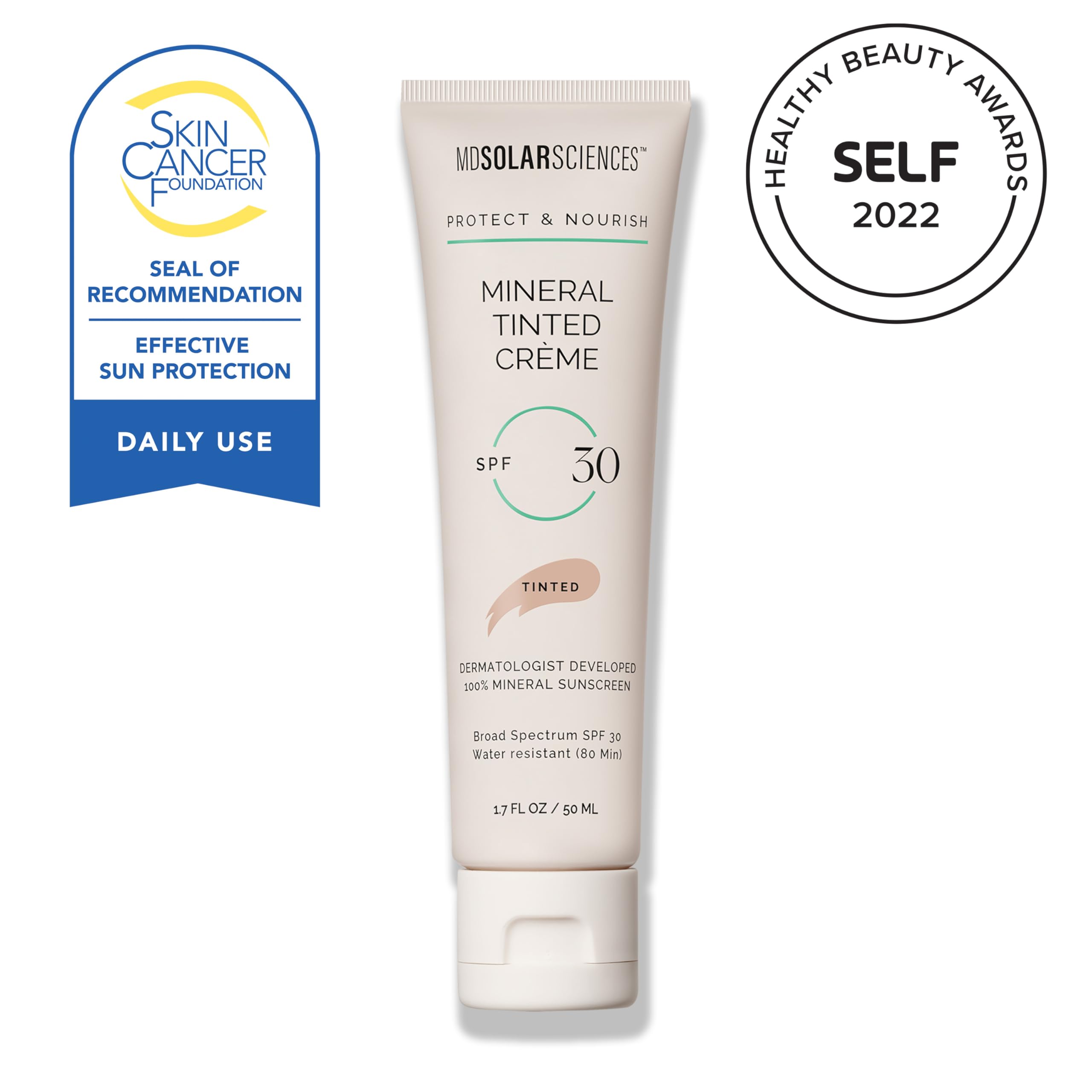 MDSolarSciences Mineral Tinted Crème Sunscreen back view highlighting zinc oxide and antioxidants.